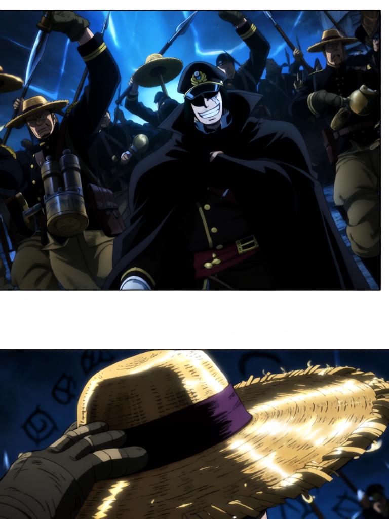 第6章:舵影的呼唤：草帽与选择
千阳号舱内，古老的舵影自舱顶翻转并释放幽蓝符文，路飞被束缚，草帽成为关键。娜美与罗宾同时奋力拆解仪器并争夺草帽，二人在危机中交叠出复杂情感。舵影最终认主，舱内与海面被神秘力量撕扯，故事在高潮的拉扯与选择中悬停。 - 图片8