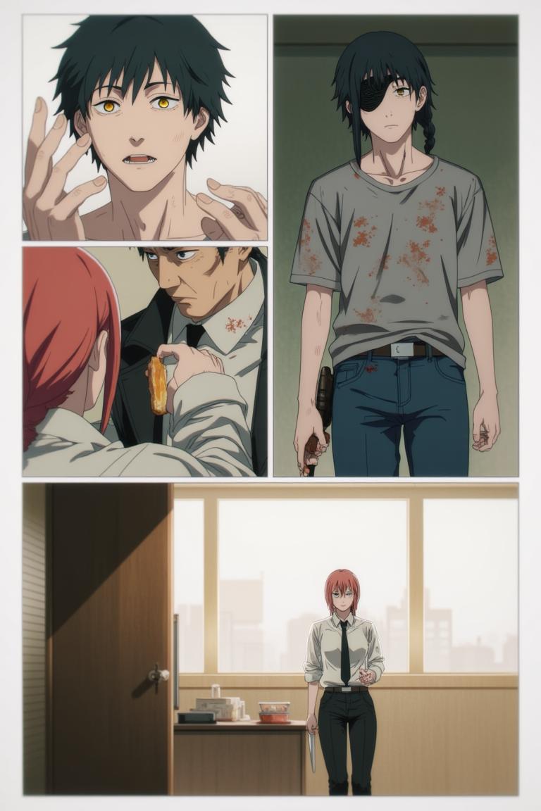 第6章:Collapse and Oden: Shisan and Aki
Inside a crumbling building the Muscle Devil smashes pillars and goads Shisan out of hiding. Aki fights wildly, Shisan's Gluttony-bound claws strike and become trapped as the Muscle Devil reveals the true snare — only to be decapitated by Aki's blade. After the rubble, awkward camaraderie and Makima's quiet orders send Shisan to room with Aki, and the chapter closes on a messy, warm meal at an oden stall. - 图片12