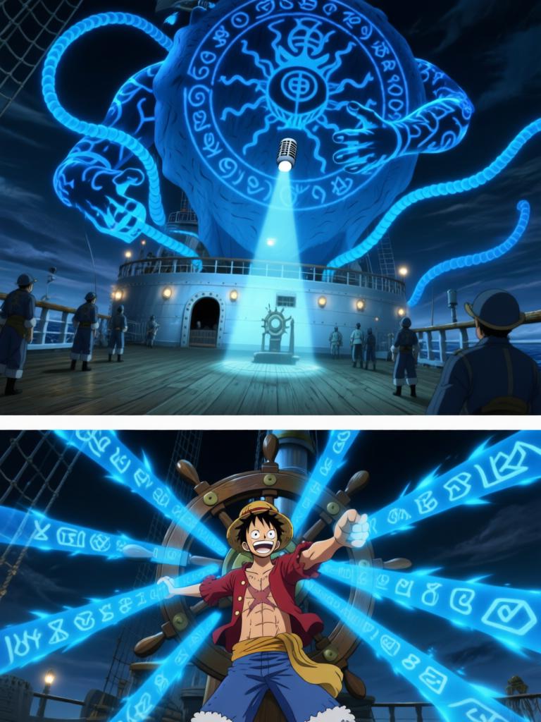 第7章:舵影之下的承诺
幽蓝符文从舵影爬下，甲板在力量下濒临撕裂，路飞被符文与锁链束缚。娜美与罗宾同时扑上，争夺草帽与救援路飞，三人间在危机中迸发出复杂的情感与决心。面具下的陌生熟面现身，宣告“D”的继承者将被揭晓，故事在刀刃和手指即将触碰的一刻定格，下一秒将改变一切。 - 图片5