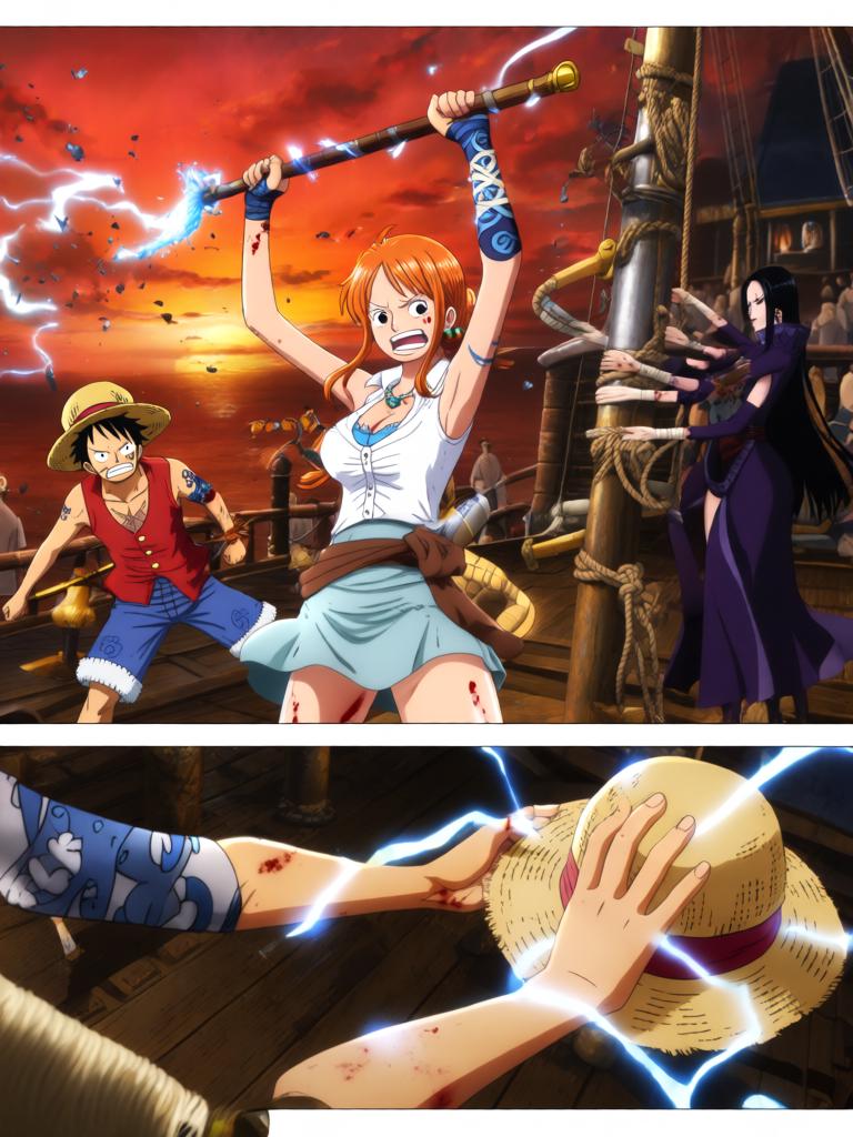 第17章:刀尖与影子：终焉前的搏斗
时间凝固，舵影扯向路飞，娜美与罗宾为了草帽与他的生命拼尽全力。面具人举刀欲献祭，幽蓝符文与甲板上的空气撕裂。就在刀尖将落下时，一个意想不到的影子掠过，打断了瞬间，也将战局推向更深的未知。 - 图片3