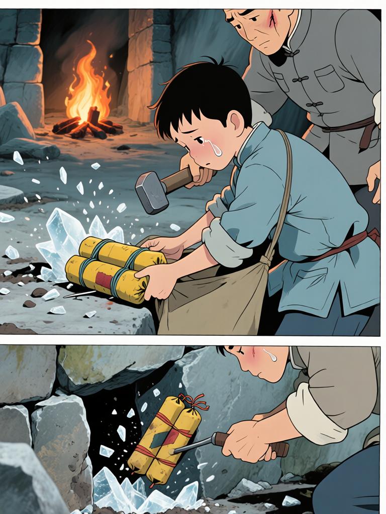 第3章:崖下的坟与承诺
我爷在深山里向我交代万一之事，叮嘱我要在二十四岁回来复仇，并教我如何在他可能牺牲时应对即将从坟中出现的东西。寒风、爆破和白布灯笼构成了这一夜的仪式，我在恐惧中被反复逼着记住每一句话。最后，火堆旁的钟表与他凝固的表情，把等待与不确定拉得更长。 - 图片7