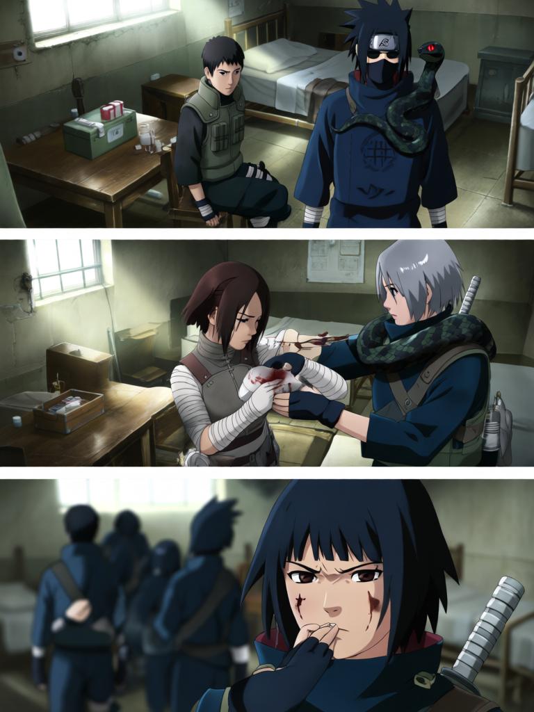 第7章:毁尸与戏码
日向镜在空中果断投掷起爆苦无，将三井中一的尸体炸得七零八落，以断绝赤砂之蝎借尸索索身份线索。回到哨所前，他将三代风影人傀儡伪装成追杀者演出受伤逃回的戏码，引出哨所内人的疑虑与恐惧。尽管暂时掩人耳目，日向镜与哨所同伴意识到更深层的威胁，怀疑有人来自根部，追击与内部裂痕的阴影尚未散去。 - 图片12