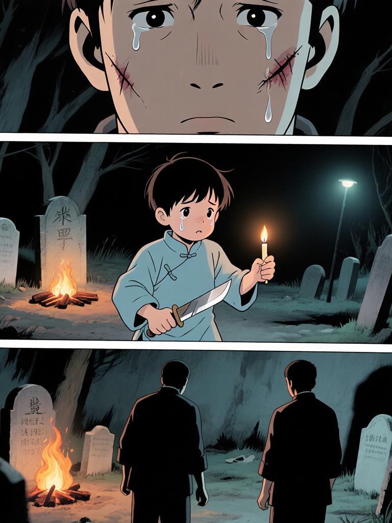 第3章:崖下的坟与承诺
我爷在深山里向我交代万一之事，叮嘱我要在二十四岁回来复仇，并教我如何在他可能牺牲时应对即将从坟中出现的东西。寒风、爆破和白布灯笼构成了这一夜的仪式，我在恐惧中被反复逼着记住每一句话。最后，火堆旁的钟表与他凝固的表情，把等待与不确定拉得更长。 - 图片9