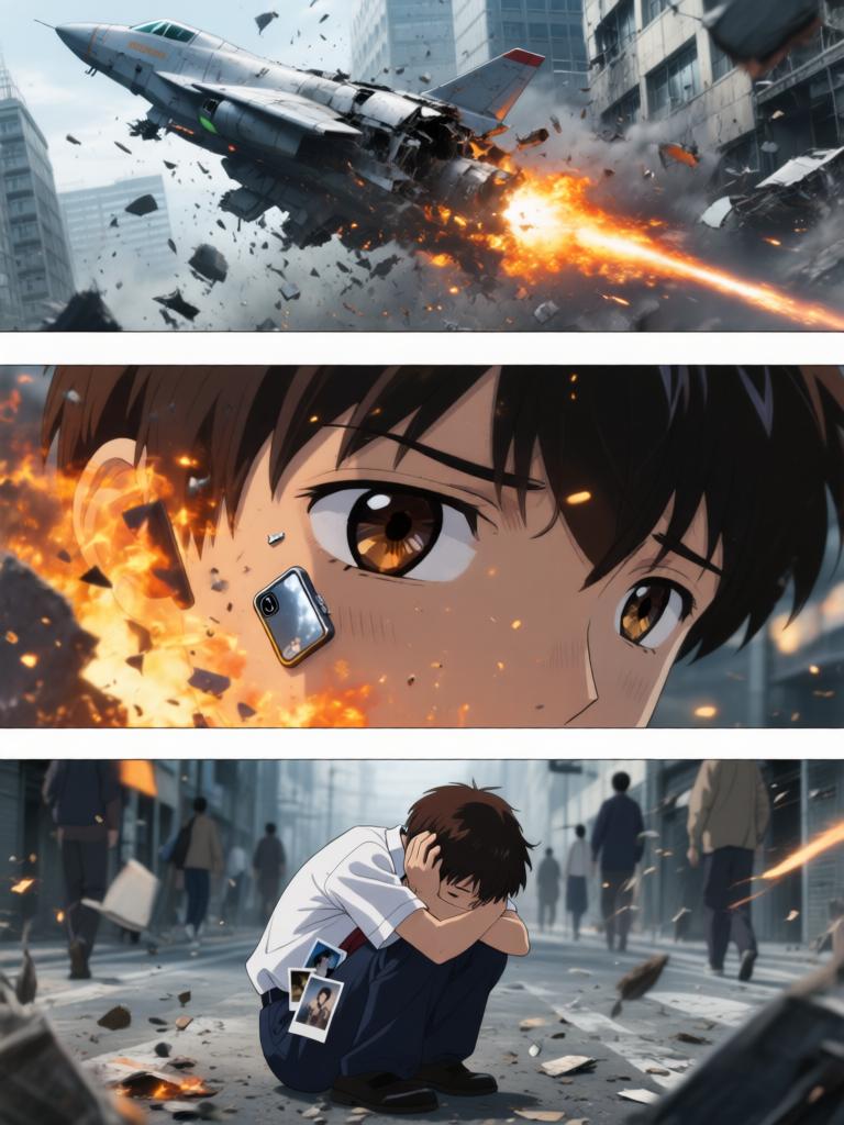 第3章:碎片与救赎的天使圈
空对地导弹射向使徒，却被看不见的屏障挡在前方，使徒反击，战机残骸四散。飞来的碎片朝街头冲来，紫发女子驾车及时横挡救下少年并带他逃离。途中国防部投放的N2地雷引发巨大爆炸，少年被冲击击晕，紫发女子焦急呼喊。 - 图片4