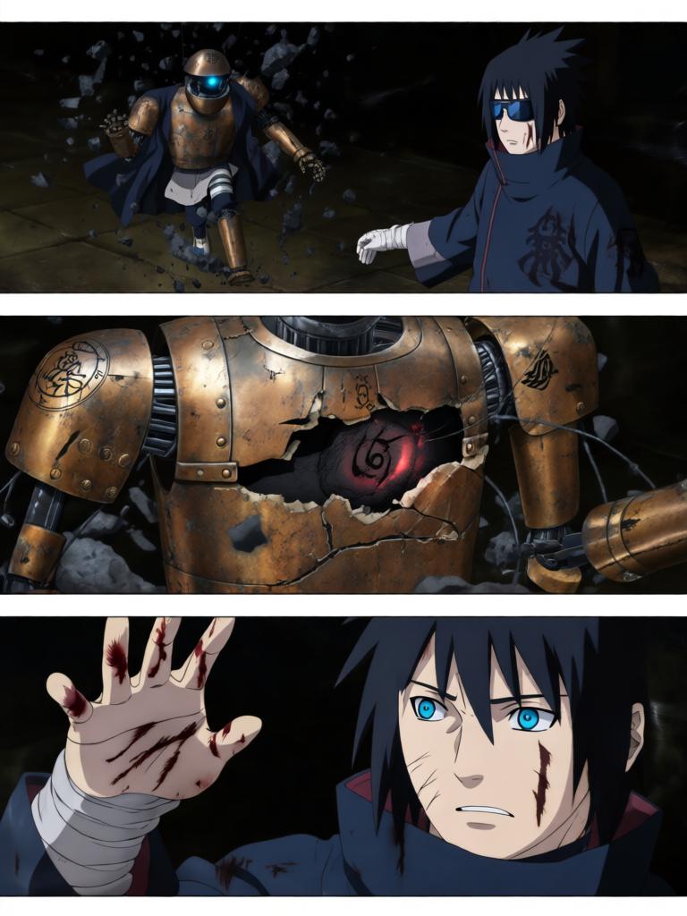 第5章:铁砂之舞与断线的假面
日向镜用轮转如意试图吸来赤砂之蝎，本以为能以此扭转劣势，结果吸来的竟是三代风影的人傀儡，查克拉线被扯断。傀儡自爆与漫天铁砂令沙场大乱，赤砂之蝎借机施展更多机关，局势危急。危急时刻，大蛇丸现身打断战局，蝎趁乱撤退，日向镜在硝烟中守住了三代风影的秘密，但新的威胁与谜题浮现。 - 图片9