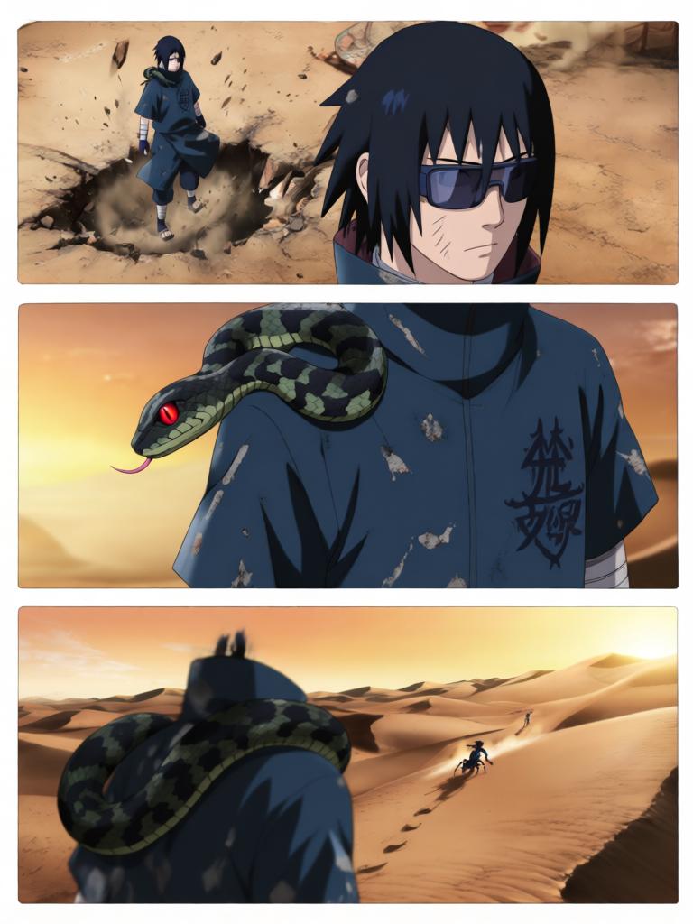 第7章:毁尸与戏码
日向镜在空中果断投掷起爆苦无，将三井中一的尸体炸得七零八落，以断绝赤砂之蝎借尸索索身份线索。回到哨所前，他将三代风影人傀儡伪装成追杀者演出受伤逃回的戏码，引出哨所内人的疑虑与恐惧。尽管暂时掩人耳目，日向镜与哨所同伴意识到更深层的威胁，怀疑有人来自根部，追击与内部裂痕的阴影尚未散去。 - 图片3