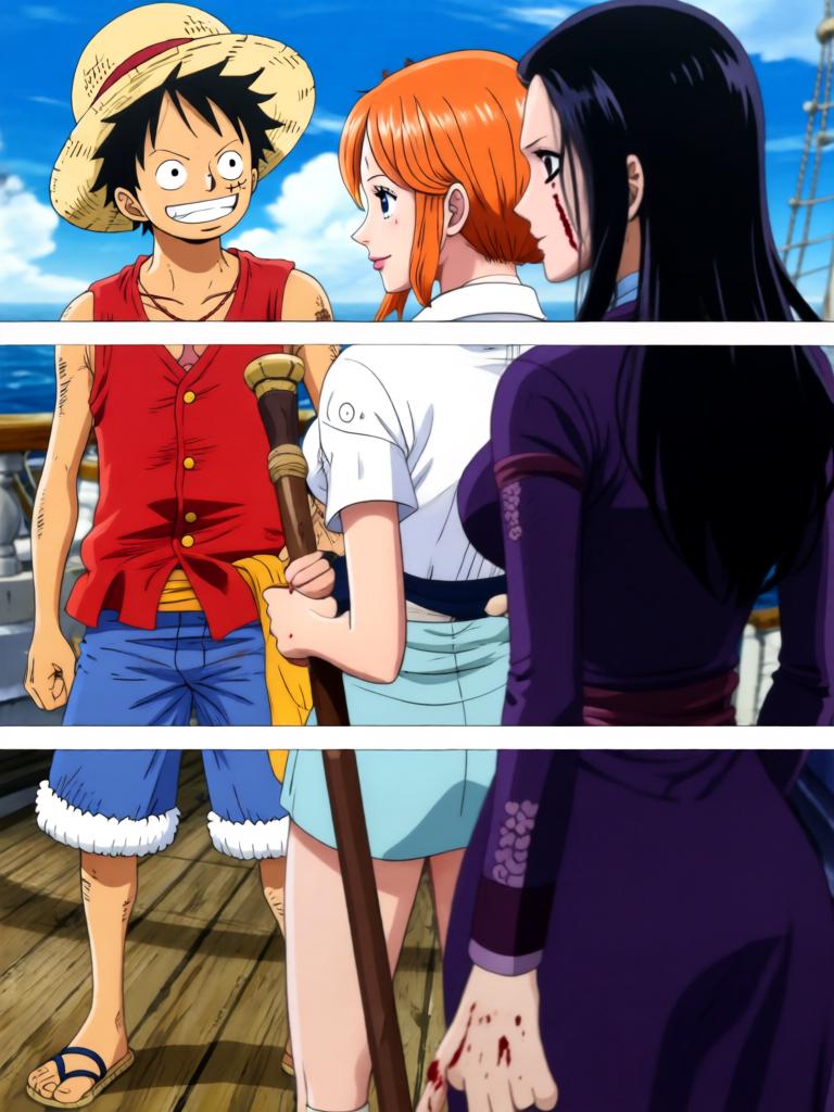 第3章:千阳号的锤音：草帽的回响
黑色舰队撞击千阳号，路飞被抛起，娜美与罗宾几乎同时伸手救他，三人之间的情感在危机中爆发。敌方欲以“D的血”和草帽为钥，旗舰下令夺取草帽。草帽在夕阳下发出异光，甲板上形成一瞬的迟疑，战斗与秘密同时走到悬崖边。 - 图片14