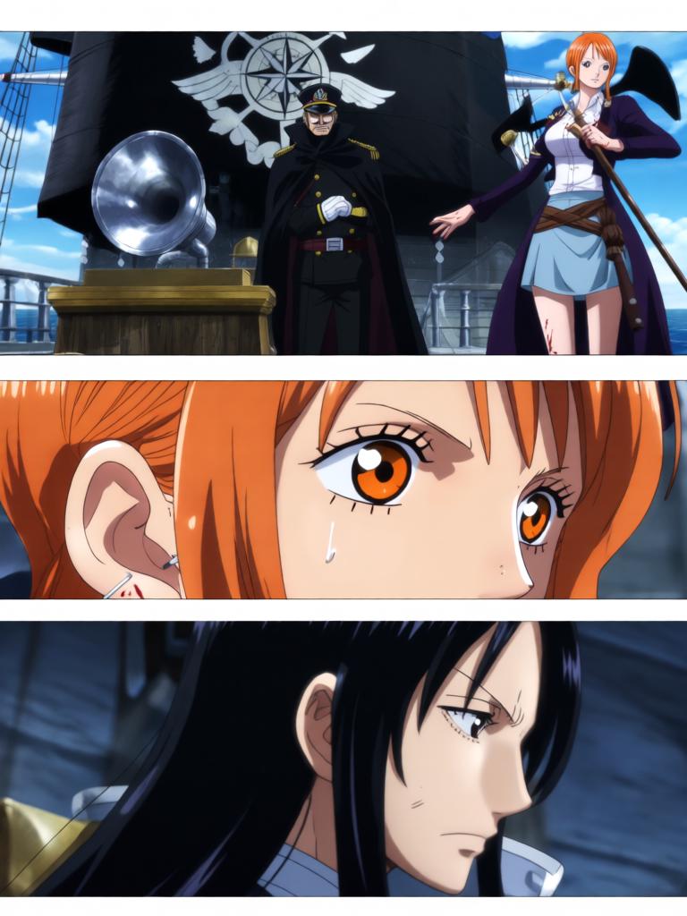 第4章:夕阳下的撕扯——草帽、誓言与引路的罗盘
千阳号被黑色舰队撞击，路飞被抛起并失去行动能力；娜美与罗宾并肩拆除抑制装置，两人因抢救草帽与路飞发生激烈拉扯；旗舰将三人吞入舱口，草帽留在甲板上，海心罗盘指向更远的谜题，娜美与罗宾立誓要把他们带回。 - 图片8