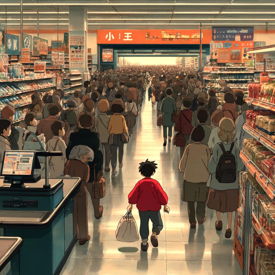 小王在超市排长队结账，发现无人排队的自助结账机后兴奋尝试，却连续扫码失败并触发警报，引来围观。保安介入轻松解决，他尴尬离开；出门时警报再次响起，袋中探出一只偷偷钻进去的猫，留下幽默的反转与悬念。 - 图片11