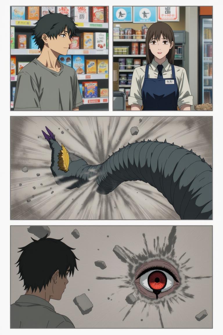 第1章:Aisle of the Rat Demon
A teenage freelance demon hunter, Shisan, wakes in a cramped apartment, hears a news report about demons, and goes out to buy instant noodles. A rat demon smashes into the convenience store — Shisan fights it off with reckless improvisation while his health pact heals him. As he lies bloodied, the looming gluttony demon briefly appears to devour the rat demon; an old boss calls with a new job offer. - 图片4