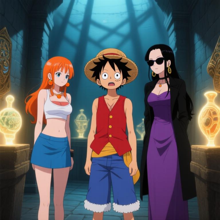 The chamber is alive with energy and wonder. Nami and Robin are mesmerized by the artifacts, while I brace for whatever adventure awaits us. This is what being a pirate is all about! - 图片1