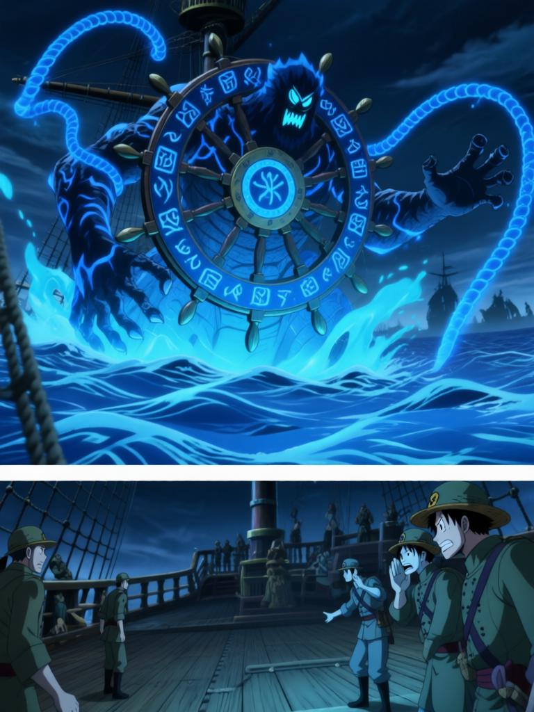 第7章:舵影之下的承诺
幽蓝符文从舵影爬下，甲板在力量下濒临撕裂，路飞被符文与锁链束缚。娜美与罗宾同时扑上，争夺草帽与救援路飞，三人间在危机中迸发出复杂的情感与决心。面具下的陌生熟面现身，宣告“D”的继承者将被揭晓，故事在刀刃和手指即将触碰的一刻定格，下一秒将改变一切。 - 图片10