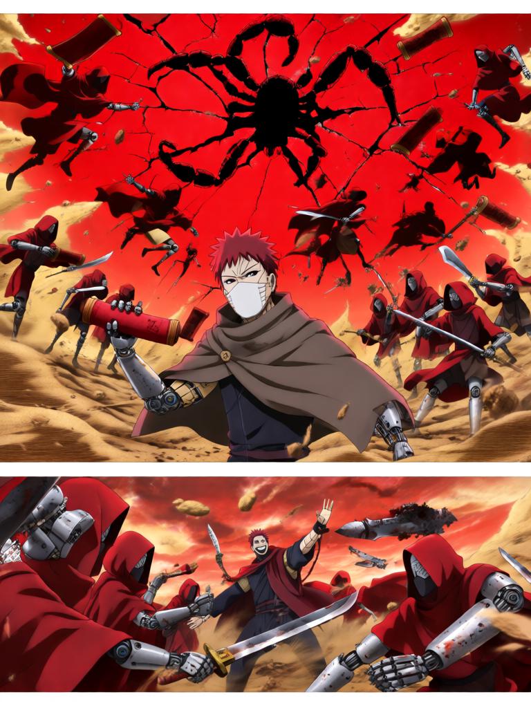 第6章:铁砂之下的抉择
日向镜在战场中被迫激活三代风影人傀儡以自保，赤砂之蝎召出十具红袍傀儡发动毒刃远程攻势。铁砂护盾连番承受骨质千本的撞击，形势愈发危急，日向镜不得不冒着生命危险注入转生眼查克拉唤醒傀儡的自主性以求突围。结尾以疲惫却决绝的日向镜与傀儡守护被毒侵蚀的秘密，留下未解的追击威胁与新的谜团。 - 图片8