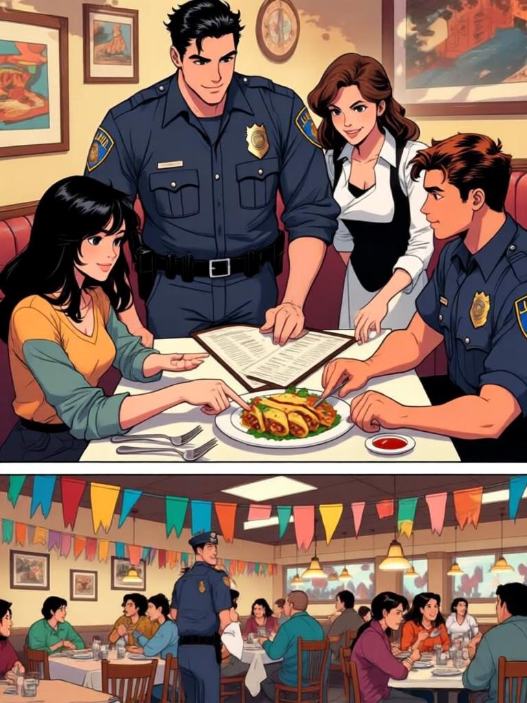 第7章:午餐时光：Code 7 的笑声与警徽
洛克与搭档大卫在墨西哥快餐店用午餐，和同事们拼桌。大家围绕上午的无线电乌龙笑成一团，莫娜警司严肃提醒“乌鸦嘴”的危险。气氛在训斥与打趣之间反复，直到兰迪二人登场用老梗彻底点燃笑声。 - 图片3