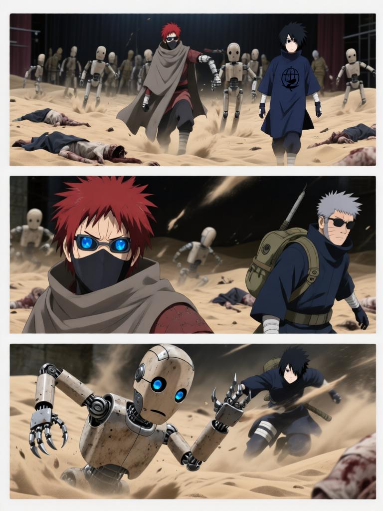 第4章:戈壁剧场：赤砂之蝎的邀约
日向镜与三井中一来到空旷接头点，远处一名裹斗篷的陌生人旁躺着几具砂忍尸体。陌生人揭下面罩，自称赤砂之蝎，现场氛围骤然恶化，沙堆中隐藏的傀儡悄然蠢动。战斗一触即发，日向镜凭借转生眼与轮转如意暂时应对，但埋伏远比想象更深，剧情以巨响与危机为结尾。 - 图片10