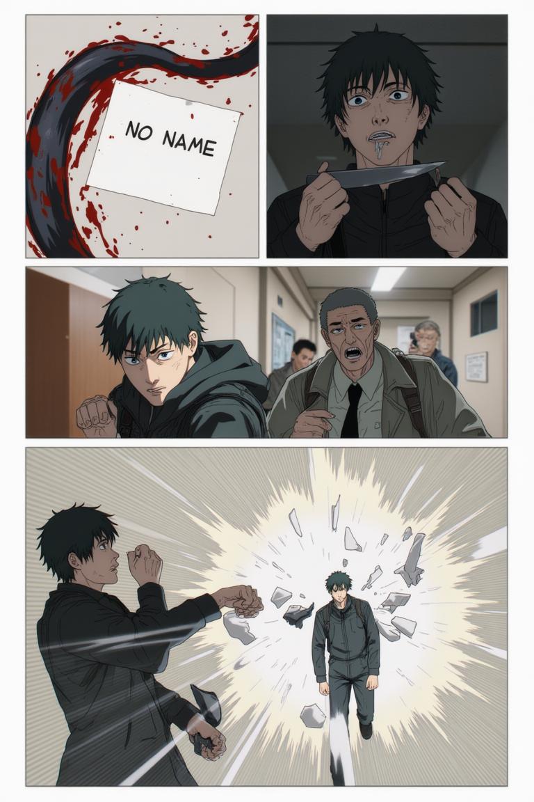 第2章:The Choice of Names
Sato fights a shadow that erases names and memories in a flickering apartment corridor. Makima arrives, using naming as a binding contract to restore identity; Aoyama counters with a ledger that would return names but bind people differently. Forced to choose between becoming a tool of order or a guardian bound to a book, Sato shatters the choice by tearing his name and scattering the pieces, prompting contracts to clash and a fragile, perilous redistribution of memory. - 图片16