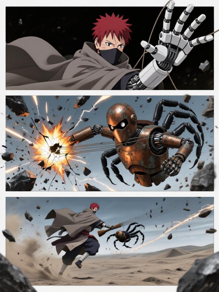 第5章:铁砂之舞与断线的假面
日向镜用轮转如意试图吸来赤砂之蝎，本以为能以此扭转劣势，结果吸来的竟是三代风影的人傀儡，查克拉线被扯断。傀儡自爆与漫天铁砂令沙场大乱，赤砂之蝎借机施展更多机关，局势危急。危急时刻，大蛇丸现身打断战局，蝎趁乱撤退，日向镜在硝烟中守住了三代风影的秘密，但新的威胁与谜题浮现。 - 图片2