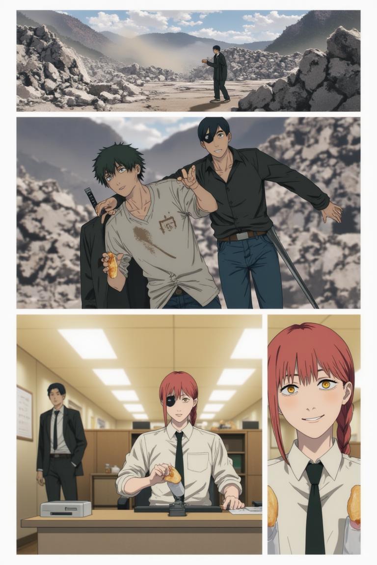 第6章:Collapse and Oden: Shisan and Aki
Inside a crumbling building the Muscle Devil smashes pillars and goads Shisan out of hiding. Aki fights wildly, Shisan's Gluttony-bound claws strike and become trapped as the Muscle Devil reveals the true snare — only to be decapitated by Aki's blade. After the rubble, awkward camaraderie and Makima's quiet orders send Shisan to room with Aki, and the chapter closes on a messy, warm meal at an oden stall. - 图片11