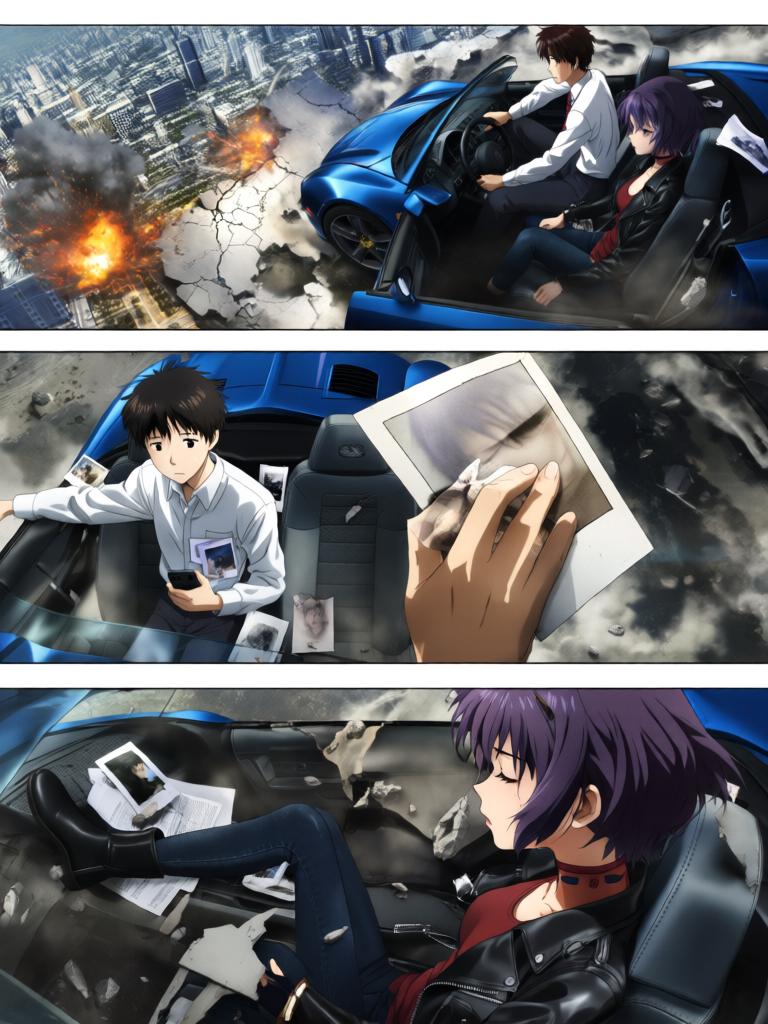 第3章:碎片与救赎的天使圈
空对地导弹射向使徒，却被看不见的屏障挡在前方，使徒反击，战机残骸四散。飞来的碎片朝街头冲来，紫发女子驾车及时横挡救下少年并带他逃离。途中国防部投放的N2地雷引发巨大爆炸，少年被冲击击晕，紫发女子焦急呼喊。 - 图片17