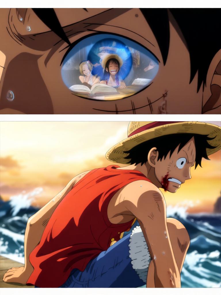 第7章:舵影之下的承诺
幽蓝符文从舵影爬下，甲板在力量下濒临撕裂，路飞被符文与锁链束缚。娜美与罗宾同时扑上，争夺草帽与救援路飞，三人间在危机中迸发出复杂的情感与决心。面具下的陌生熟面现身，宣告“D”的继承者将被揭晓，故事在刀刃和手指即将触碰的一刻定格，下一秒将改变一切。 - 图片16