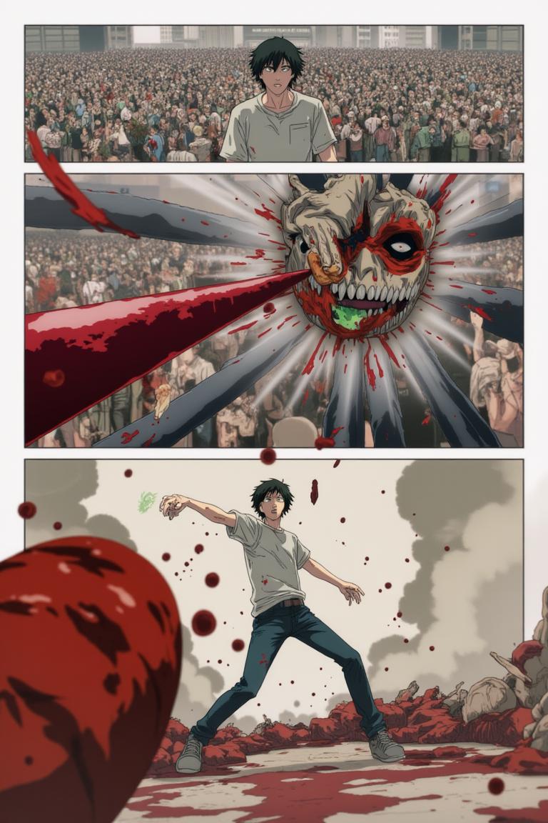 第3章:Two Devils, One Eye
Surrounded by a writhing horde and a towering corpse-mountain, Shisan's two contracted devils manifest: a green, regenerative aura and a colossal crimson claw. He pays the price—losing his right eye—to summon the claw and lashes out, mowing down hordes, but the Zombie Demon bites the claw and retaliates, leaving Shisan wounded and the true fight beginning. Blood, tooth, and smoke set the stage for a desperate duel: Shisan's fury versus the zombified boss that led him into the trap. - 图片6