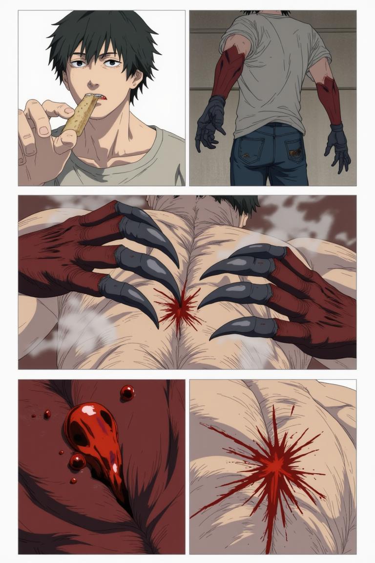 第5章:A New Assignment — Muscle Devil on Kujawano Street
Shisan, still dazed by Makima's unexpected gentleness, accepts bread and a place under her command before being fitted into a Public Safety uniform. He's assigned to Special Action 4 under Hayakawa Aki and leaps onto Aki's motorcycle to a demon assault on Kujawano Street. There, they encounter a towering Muscle Devil — a brutal chase and clash begin that forces Shisan and Aki to retreat into a ruined building as the devil pursues them. - 图片11