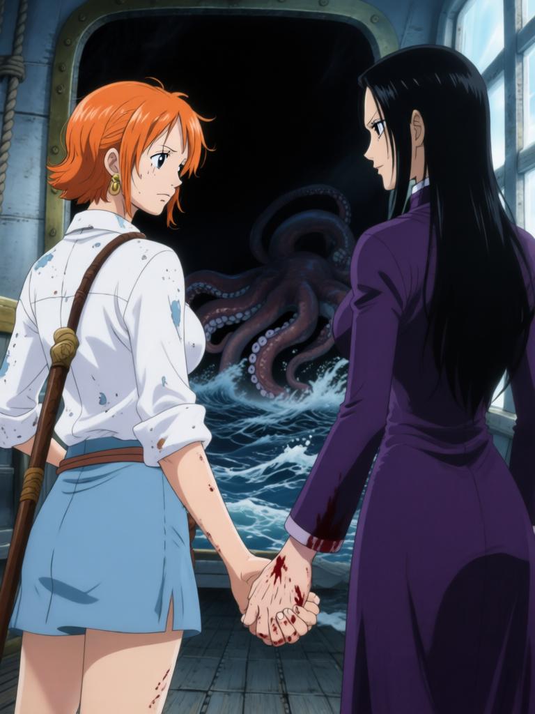 第5章:舵影之下的回归
舱内三人被束缚，敌方准备以草帽与“D”的血发动古老仪式。娜美与罗宾合力突围，将草帽试图戴回路飞，海心罗盘爆发幽蓝光芒唤醒海上的巨大舵影。舵影浮现，三人面对古老力量并肩应战，真相与毁灭的边缘一触即发。 - 图片13