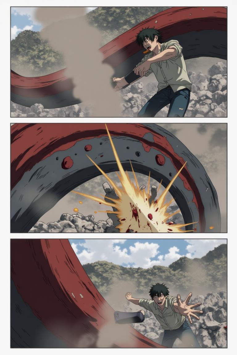 第3章:Two Devils, One Eye
Surrounded by a writhing horde and a towering corpse-mountain, Shisan's two contracted devils manifest: a green, regenerative aura and a colossal crimson claw. He pays the price—losing his right eye—to summon the claw and lashes out, mowing down hordes, but the Zombie Demon bites the claw and retaliates, leaving Shisan wounded and the true fight beginning. Blood, tooth, and smoke set the stage for a desperate duel: Shisan's fury versus the zombified boss that led him into the trap. - 图片8