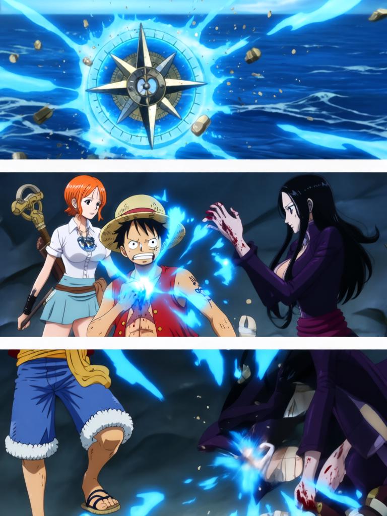 第5章:舵影之下的回归
舱内三人被束缚，敌方准备以草帽与“D”的血发动古老仪式。娜美与罗宾合力突围，将草帽试图戴回路飞，海心罗盘爆发幽蓝光芒唤醒海上的巨大舵影。舵影浮现，三人面对古老力量并肩应战，真相与毁灭的边缘一触即发。 - 图片9