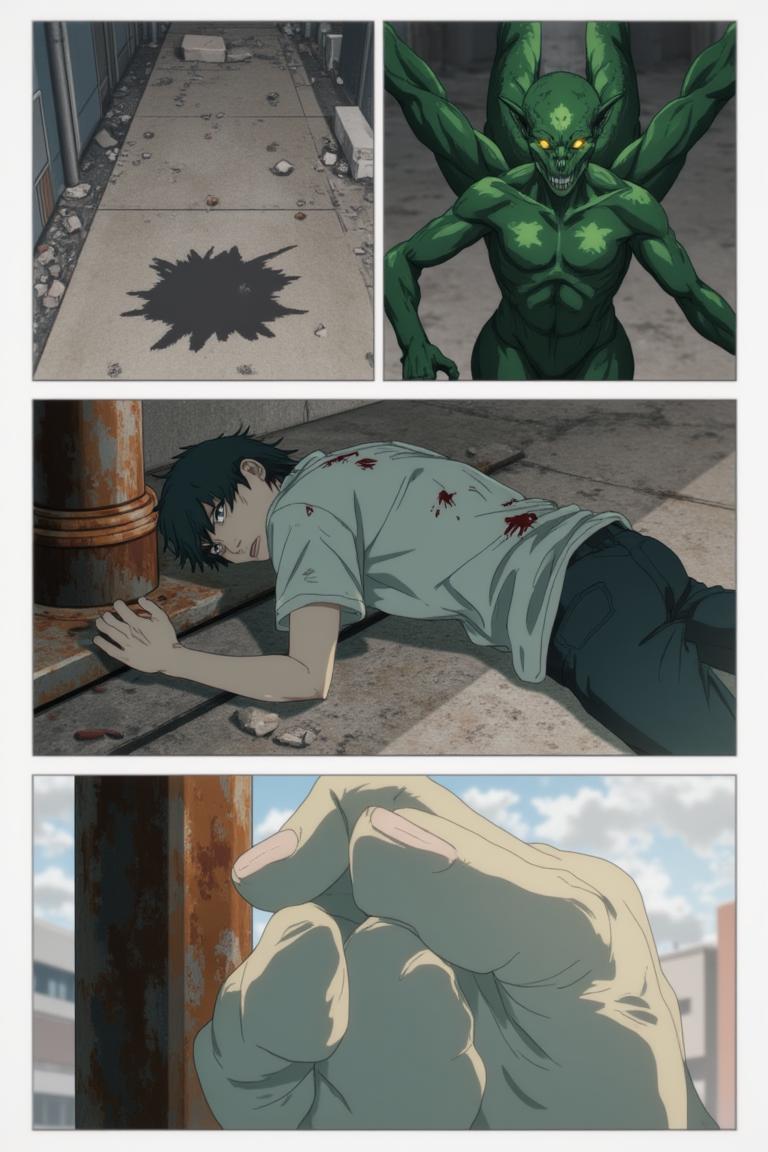 第1章:Aisle of the Rat Demon
A teenage freelance demon hunter, Shisan, wakes in a cramped apartment, hears a news report about demons, and goes out to buy instant noodles. A rat demon smashes into the convenience store — Shisan fights it off with reckless improvisation while his health pact heals him. As he lies bloodied, the looming gluttony demon briefly appears to devour the rat demon; an old boss calls with a new job offer. - 图片14