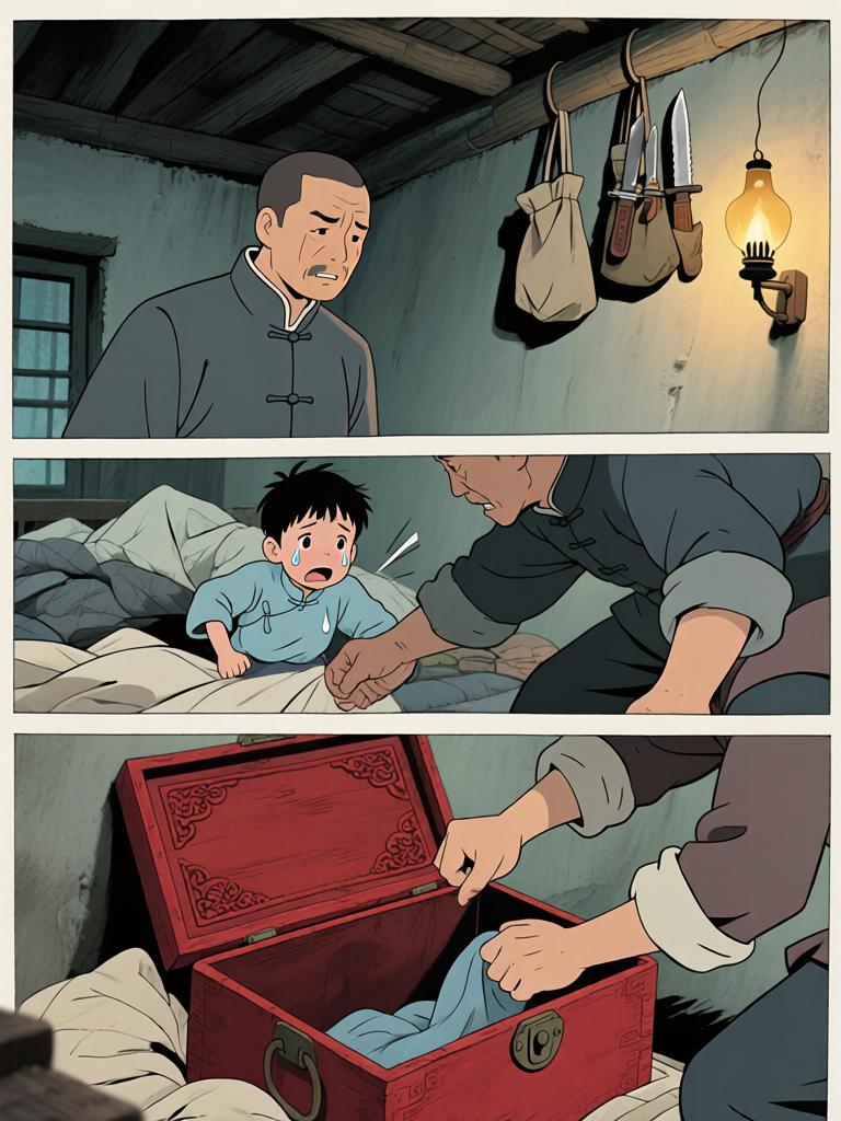 第2章:十二岁的路口
我爷把野子锁进红木箱，独自出门迎战来袭的邪影。回来时满身血色他说出了家的来历、太爷的遭遇与逼近的期限——野子要在十二岁那年上山用御神酒断祸。离别前，爷交代了箱中钱信与赴京寻人的地址，嘱咐若他死，要带箱子逃生并二十四岁再回来复仇。 - 图片1