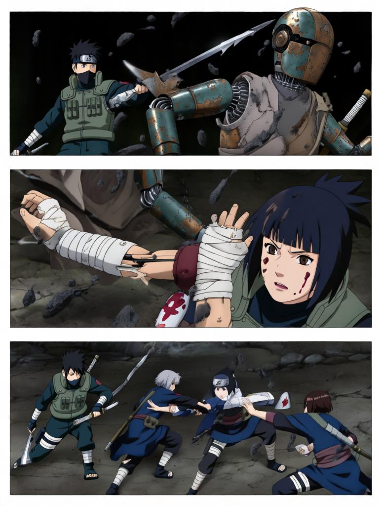 第7章:毁尸与戏码
日向镜在空中果断投掷起爆苦无，将三井中一的尸体炸得七零八落，以断绝赤砂之蝎借尸索索身份线索。回到哨所前，他将三代风影人傀儡伪装成追杀者演出受伤逃回的戏码，引出哨所内人的疑虑与恐惧。尽管暂时掩人耳目，日向镜与哨所同伴意识到更深层的威胁，怀疑有人来自根部，追击与内部裂痕的阴影尚未散去。 - 图片10