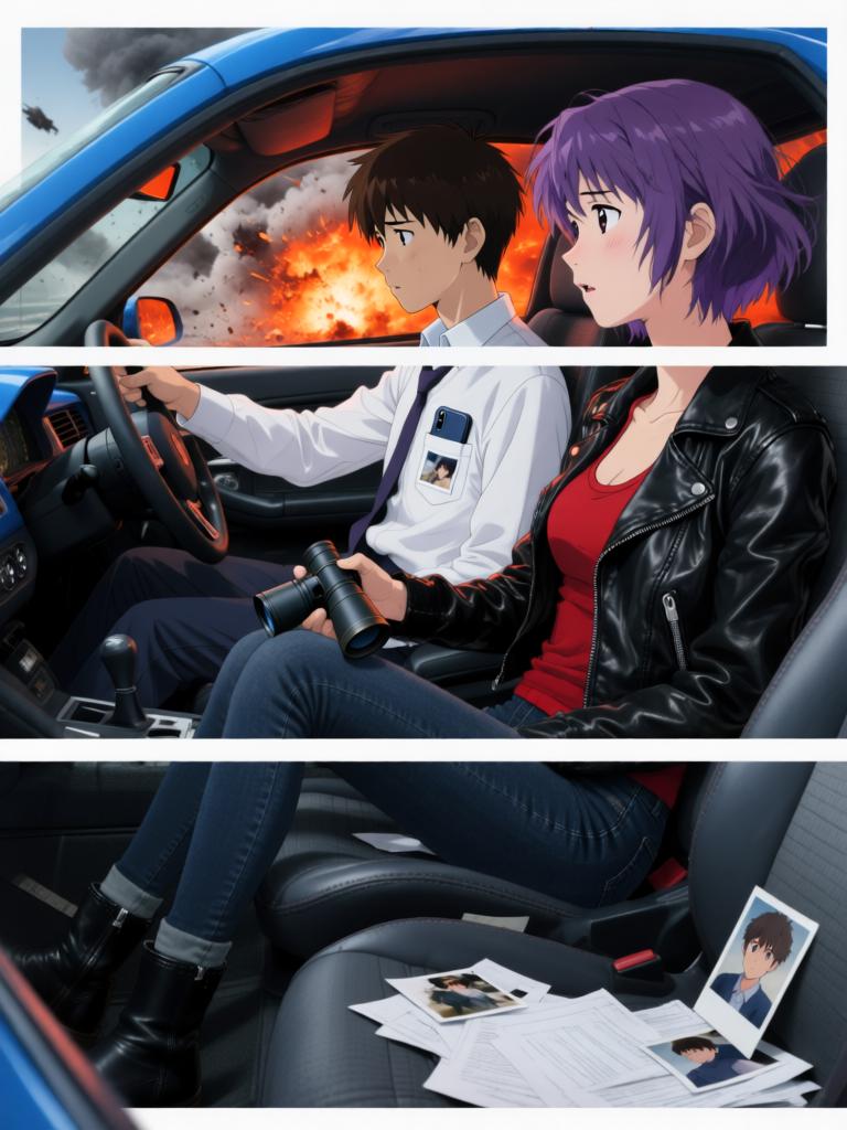 第3章:碎片与救赎的天使圈
空对地导弹射向使徒，却被看不见的屏障挡在前方，使徒反击，战机残骸四散。飞来的碎片朝街头冲来，紫发女子驾车及时横挡救下少年并带他逃离。途中国防部投放的N2地雷引发巨大爆炸，少年被冲击击晕，紫发女子焦急呼喊。 - 图片7