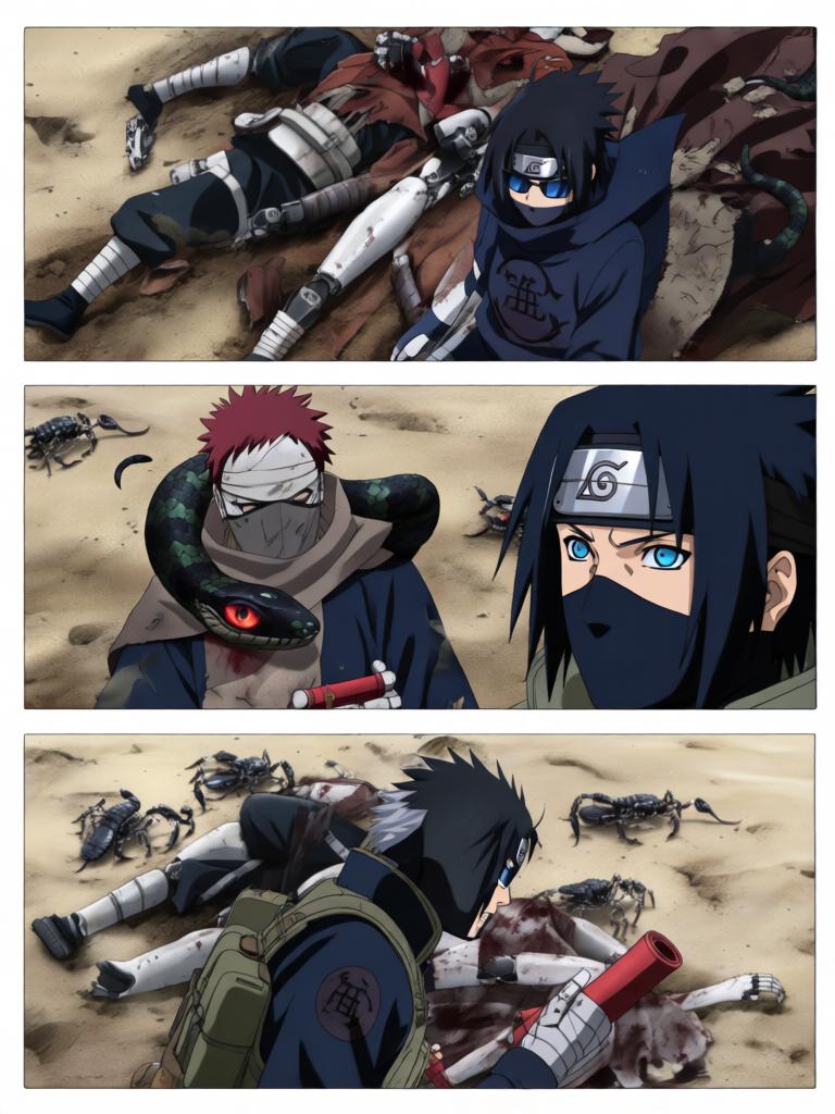 第6章:铁砂之下的抉择
日向镜在战场中被迫激活三代风影人傀儡以自保，赤砂之蝎召出十具红袍傀儡发动毒刃远程攻势。铁砂护盾连番承受骨质千本的撞击，形势愈发危急，日向镜不得不冒着生命危险注入转生眼查克拉唤醒傀儡的自主性以求突围。结尾以疲惫却决绝的日向镜与傀儡守护被毒侵蚀的秘密，留下未解的追击威胁与新的谜团。 - 图片5