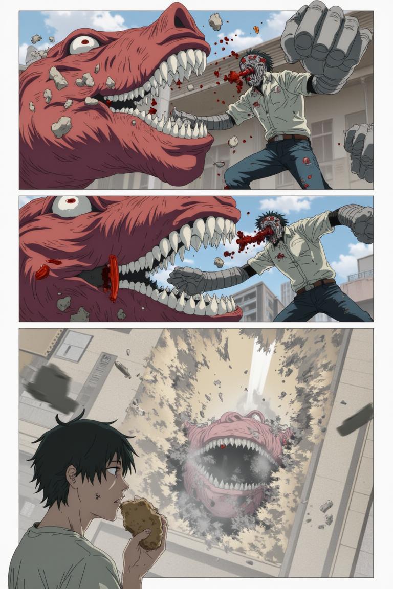 第4章:Red Maw, Green Remedy
Shisan is slammed and trapped by the flexible, brutal arms of the Zombie Demon as his regenerative Viridian Devil struggles to keep him whole. The Claw Devil and the Gluttony (Famine) Devil intervene in a savage ballet of tearing flesh and roaring hunger, turning the fight into an all-consuming purge. Exhausted and half-destroyed, Shisan collapses unconscious — only to be cradled and prodded awake by a calm woman with a braid who calls herself Makima. - 图片8