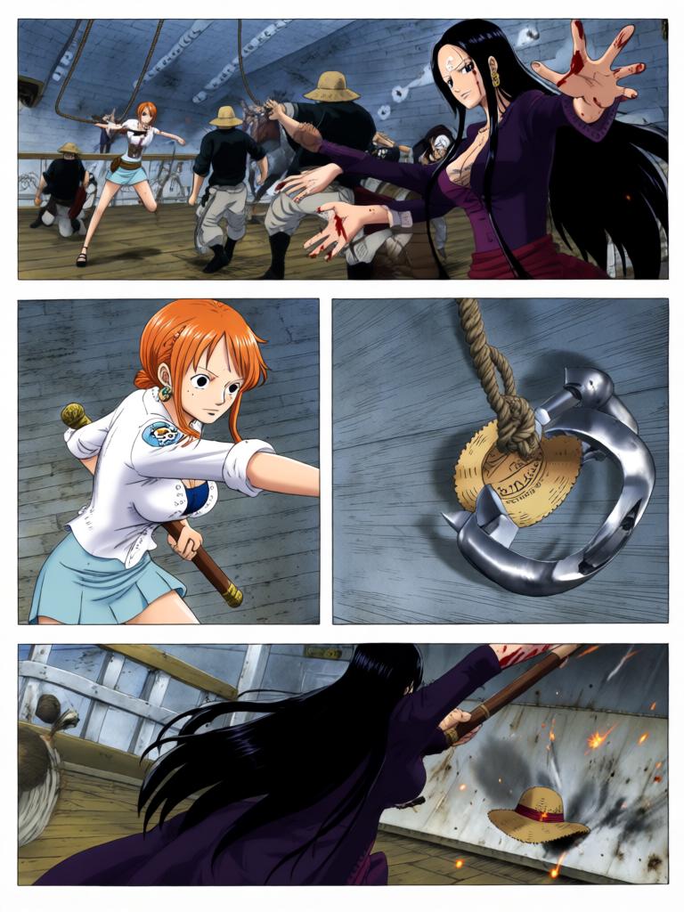 第3章:千阳号的锤音：草帽的回响
黑色舰队撞击千阳号，路飞被抛起，娜美与罗宾几乎同时伸手救他，三人之间的情感在危机中爆发。敌方欲以“D的血”和草帽为钥，旗舰下令夺取草帽。草帽在夕阳下发出异光，甲板上形成一瞬的迟疑，战斗与秘密同时走到悬崖边。 - 图片15