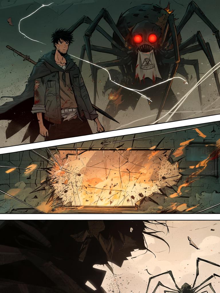 第19章:追丧入屋
陆隐在废弃大厦中与一只九百战力的巨型变异蜘蛛短兵相接，斩出康大丰的遗体后冷然离去。车队气氛骤变，陆隐下令严禁脱队，徐三与罗芸紧随其后。陆隐发现丧尸反常地朝危险处逃窜，心中生出怀疑——有人在操控或引诱这群丧尸前往那幢大厦。 - 图片1