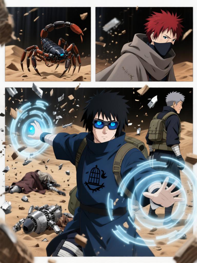 第4章:戈壁剧场：赤砂之蝎的邀约
日向镜与三井中一来到空旷接头点，远处一名裹斗篷的陌生人旁躺着几具砂忍尸体。陌生人揭下面罩，自称赤砂之蝎，现场氛围骤然恶化，沙堆中隐藏的傀儡悄然蠢动。战斗一触即发，日向镜凭借转生眼与轮转如意暂时应对，但埋伏远比想象更深，剧情以巨响与危机为结尾。 - 图片12