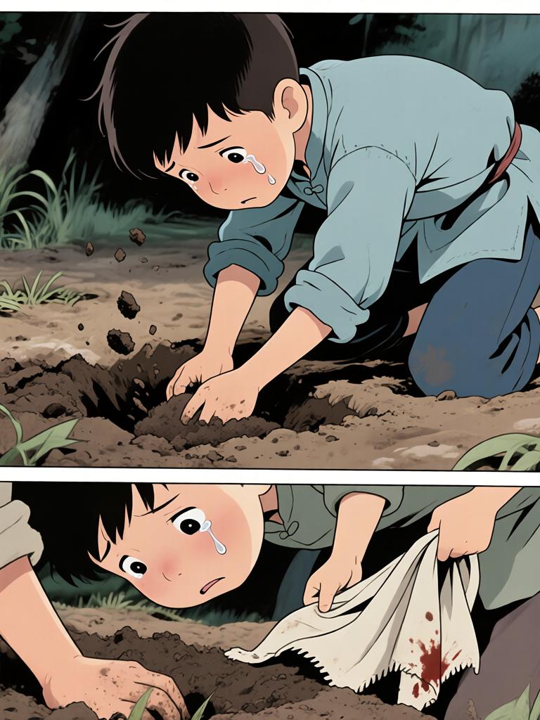 第5章:井底的回魂
野子被我爷放在洞口，用灯笼阻挡外物，他独自下到山洞里寻找命心子。在土台的土坑里挖土时，身后出现熟悉又陌生的声音，逼他回忆起三年前那段模糊又恐怖的记忆。对方宣称当年将他“掐死”，并告诉他脚下埋着当年死时穿的衣服，诱使他继续挖探真相——就在他挖出布片的一瞬，彻底的恐惧袭来，故事推向悬念。 - 图片15