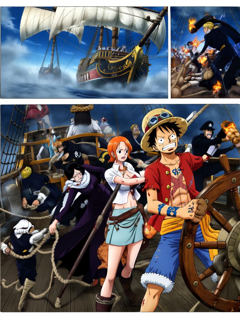 第17章:刀尖与影子：终焉前的搏斗
时间凝固，舵影扯向路飞，娜美与罗宾为了草帽与他的生命拼尽全力。面具人举刀欲献祭，幽蓝符文与甲板上的空气撕裂。就在刀尖将落下时，一个意想不到的影子掠过，打断了瞬间，也将战局推向更深的未知。 - 图片19