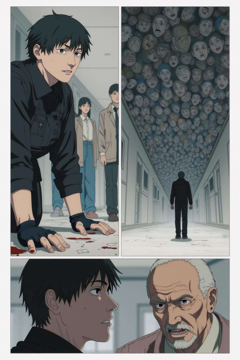 第3章:The Name Between Cracks
Torn fragments of names drift through a scarred apartment corridor as fractured memories stitch back crookedly. Sato refuses to become a 'tool' while Makima and Aoyama argue over whether naming is order, domination, or ledger-bound debt—an emergent memory-entity devours and reshapes recollection. Makima tests a dangerous middle path, reaching into the memory mass as footsteps and a slammed door promise an immediate, bloody decision about who will name the world. - 图片8