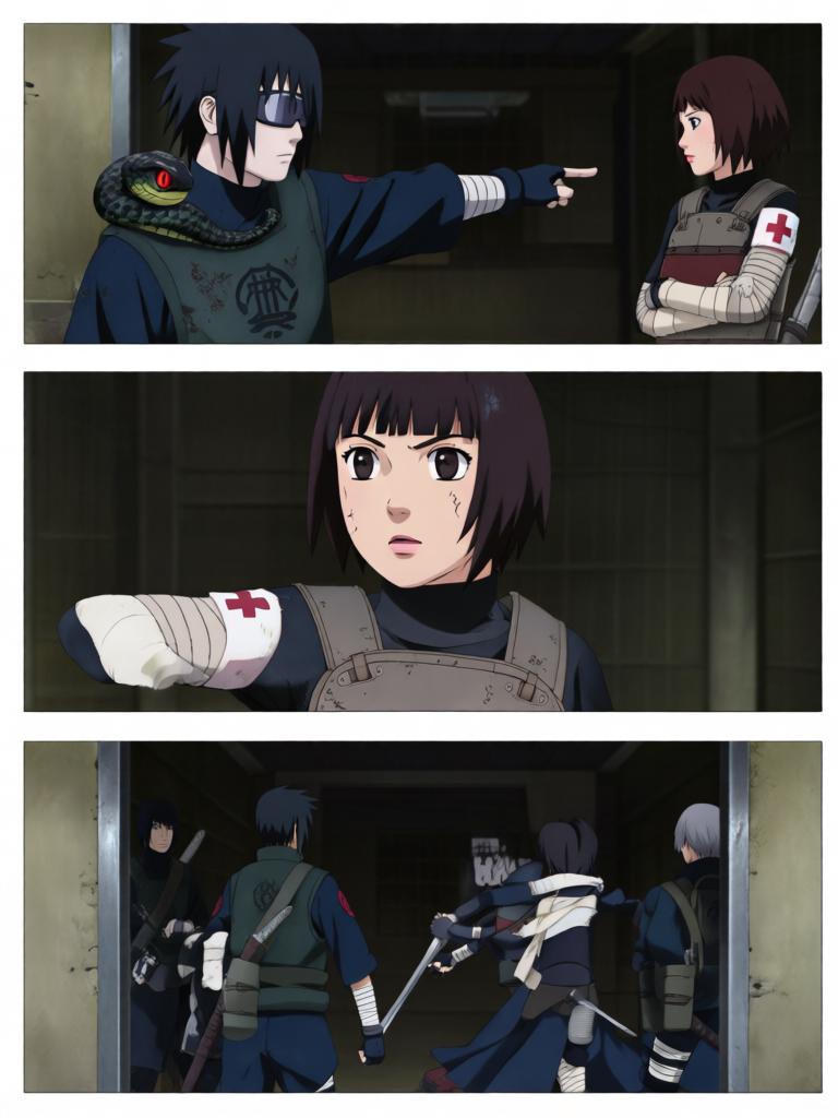 第7章:毁尸与戏码
日向镜在空中果断投掷起爆苦无，将三井中一的尸体炸得七零八落，以断绝赤砂之蝎借尸索索身份线索。回到哨所前，他将三代风影人傀儡伪装成追杀者演出受伤逃回的戏码，引出哨所内人的疑虑与恐惧。尽管暂时掩人耳目，日向镜与哨所同伴意识到更深层的威胁，怀疑有人来自根部，追击与内部裂痕的阴影尚未散去。 - 图片14