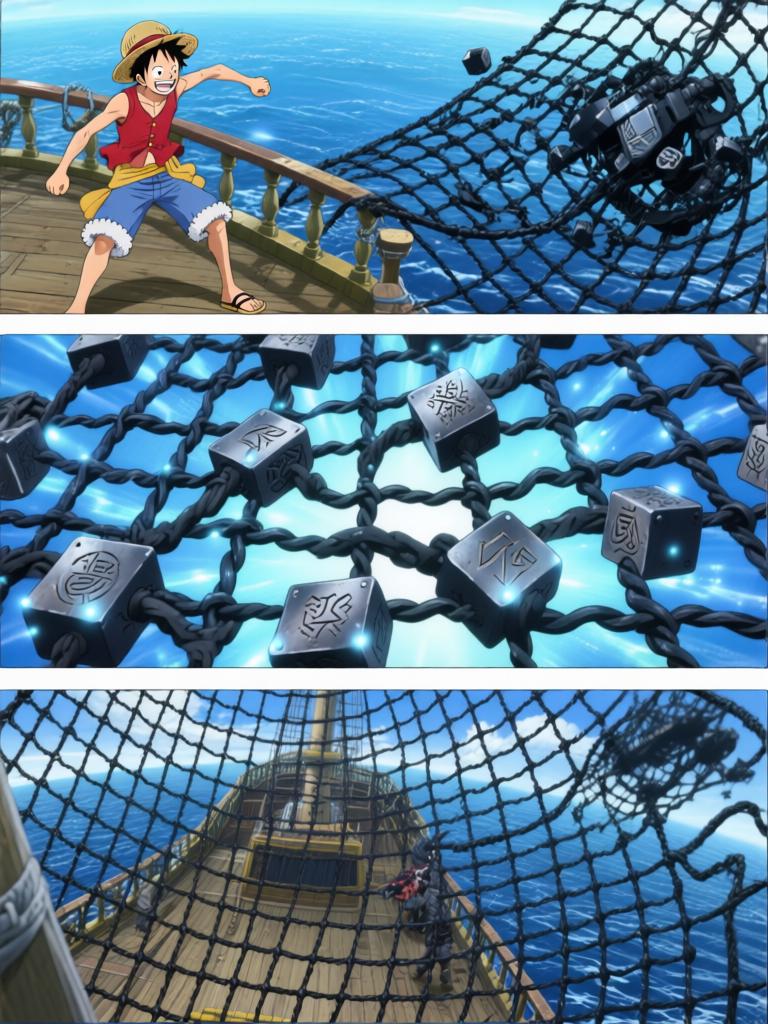 第2章:千阳号的呼救：黑翼罗盘与两位守护者
黑色舰队突然撞向千阳号，路飞被抛起，娜美与罗宾同时伸手相救，触碰之际情感流动。敌方暴露他们要“D”的血作为钥匙，放出能抑制橡胶能力的黑色网。娜美与罗宾放下争执并肩拆除抑制装置，路飞怒吼迎敌，海心罗盘指针直指他胸口，旗舰下令：把他带上船来。 - 图片8