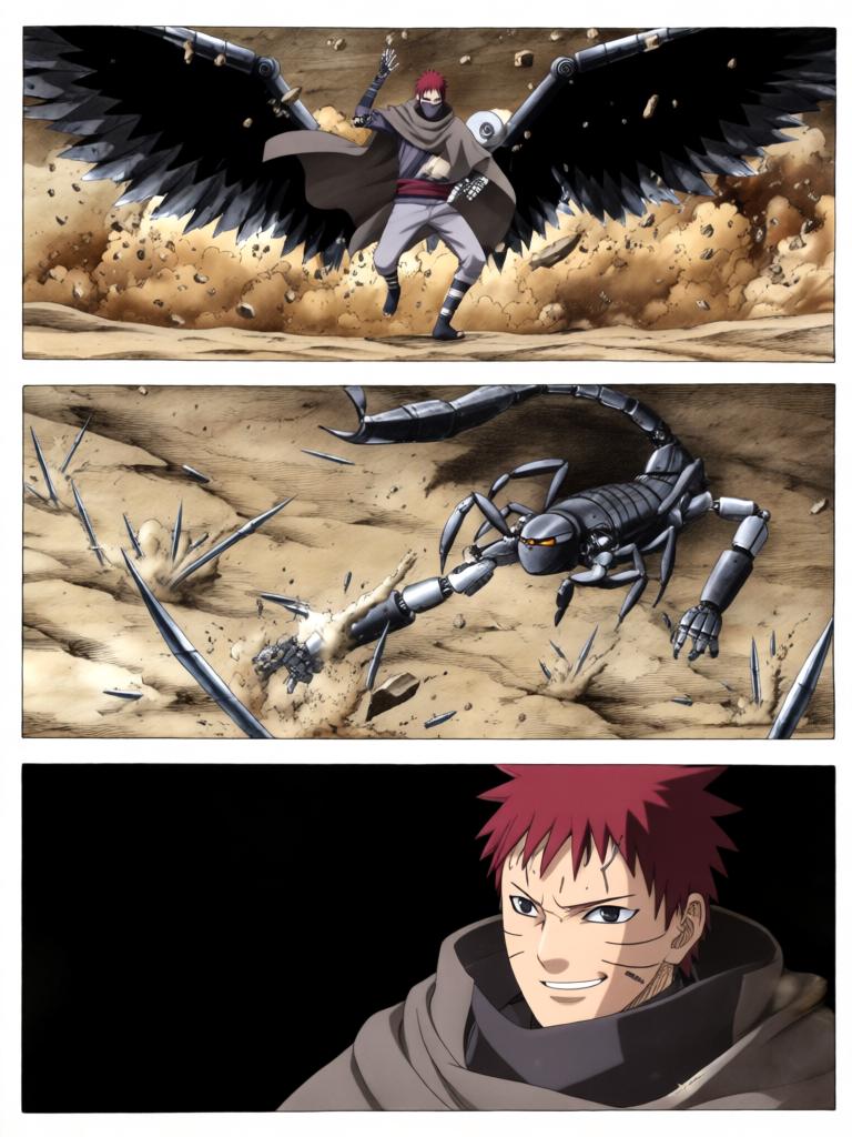 第5章:铁砂之舞与断线的假面
日向镜用轮转如意试图吸来赤砂之蝎，本以为能以此扭转劣势，结果吸来的竟是三代风影的人傀儡，查克拉线被扯断。傀儡自爆与漫天铁砂令沙场大乱，赤砂之蝎借机施展更多机关，局势危急。危急时刻，大蛇丸现身打断战局，蝎趁乱撤退，日向镜在硝烟中守住了三代风影的秘密，但新的威胁与谜题浮现。 - 图片12