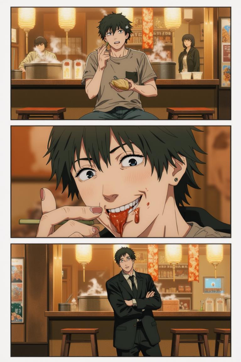 第6章:Collapse and Oden: Shisan and Aki
Inside a crumbling building the Muscle Devil smashes pillars and goads Shisan out of hiding. Aki fights wildly, Shisan's Gluttony-bound claws strike and become trapped as the Muscle Devil reveals the true snare — only to be decapitated by Aki's blade. After the rubble, awkward camaraderie and Makima's quiet orders send Shisan to room with Aki, and the chapter closes on a messy, warm meal at an oden stall. - 图片15