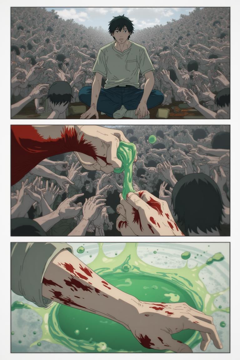 第3章:Two Devils, One Eye
Surrounded by a writhing horde and a towering corpse-mountain, Shisan's two contracted devils manifest: a green, regenerative aura and a colossal crimson claw. He pays the price—losing his right eye—to summon the claw and lashes out, mowing down hordes, but the Zombie Demon bites the claw and retaliates, leaving Shisan wounded and the true fight beginning. Blood, tooth, and smoke set the stage for a desperate duel: Shisan's fury versus the zombified boss that led him into the trap. - 图片2