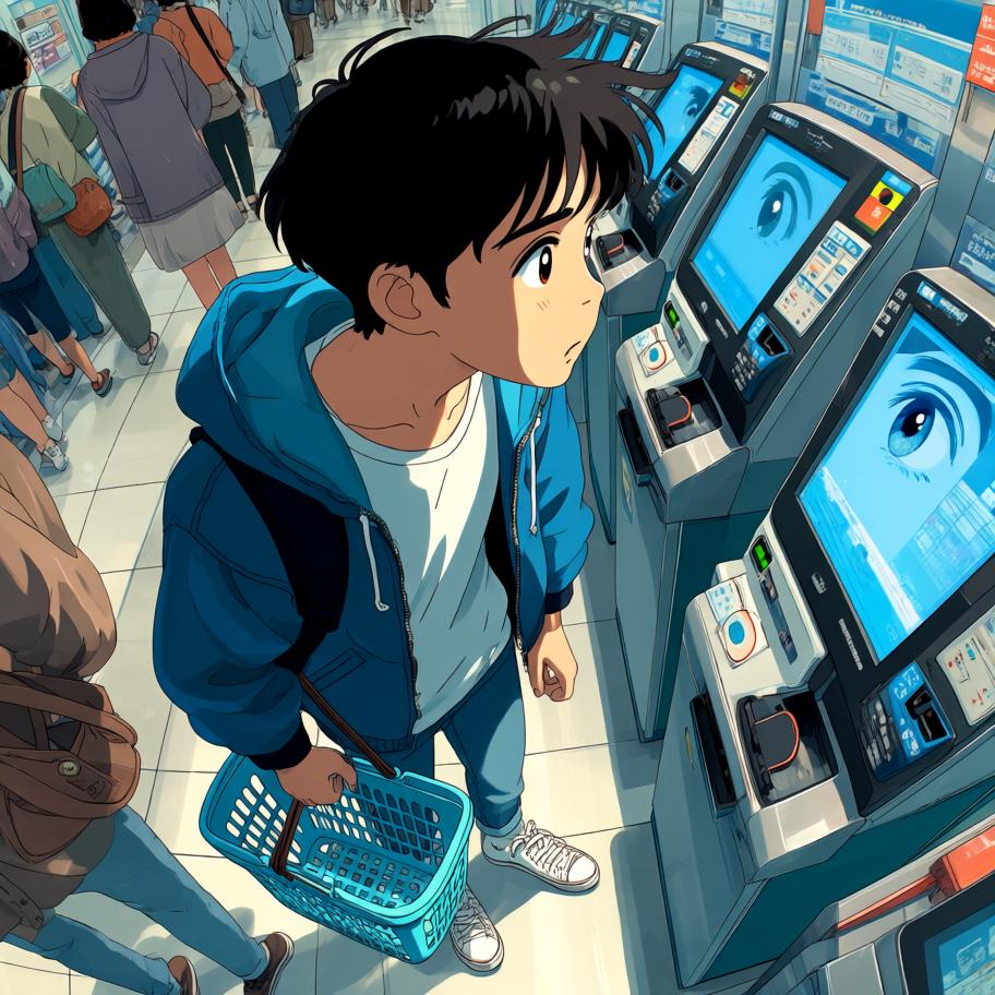 小王在超市排长队结账，发现无人排队的自助结账机后兴奋尝试，却连续扫码失败并触发警报，引来围观。保安介入轻松解决，他尴尬离开；出门时警报再次响起，袋中探出一只偷偷钻进去的猫，留下幽默的反转与悬念。 - 图片3