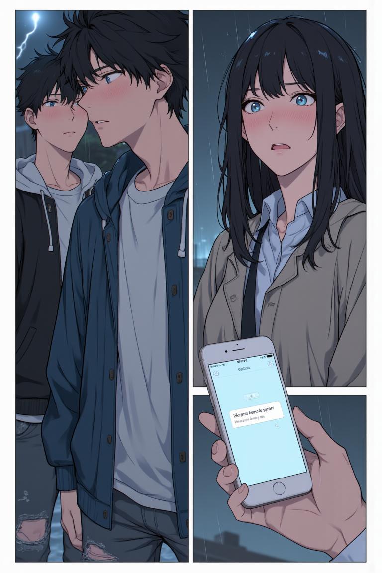 第2章:Rain, Lightning and an Unexpected Meet-cute
Luo Ye leaves the library into a sudden downpour and sees senior Su Baizhou rush out in the rain. He offers her his umbrella; lightning reveals her unexpected fear of thunder. They take shelter, fumble through awkward conversation, and discover via phones that they are linked through mutual acquaintances — turning an ordinary rain delay into a memorable first meeting. - 图片10