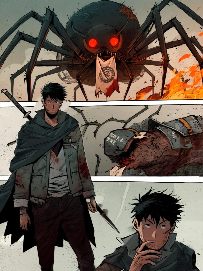 第19章:追丧入屋
陆隐在废弃大厦中与一只九百战力的巨型变异蜘蛛短兵相接，斩出康大丰的遗体后冷然离去。车队气氛骤变，陆隐下令严禁脱队，徐三与罗芸紧随其后。陆隐发现丧尸反常地朝危险处逃窜，心中生出怀疑——有人在操控或引诱这群丧尸前往那幢大厦。 - 图片14