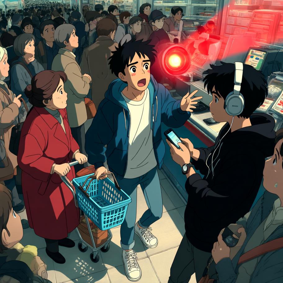 小王在超市排长队结账，发现无人排队的自助结账机后兴奋尝试，却连续扫码失败并触发警报，引来围观。保安介入轻松解决，他尴尬离开；出门时警报再次响起，袋中探出一只偷偷钻进去的猫，留下幽默的反转与悬念。 - 图片7